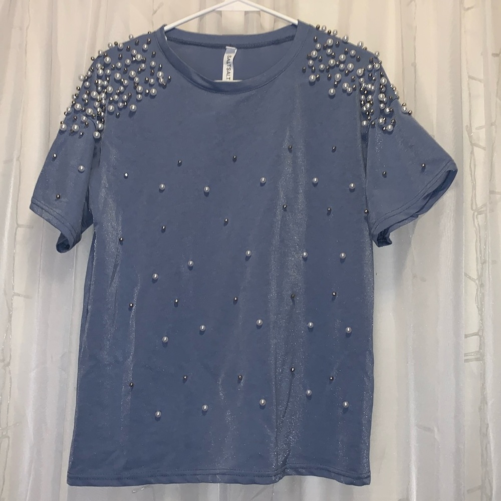 Boutique Beaded Powder Shimmer Blue Shirt